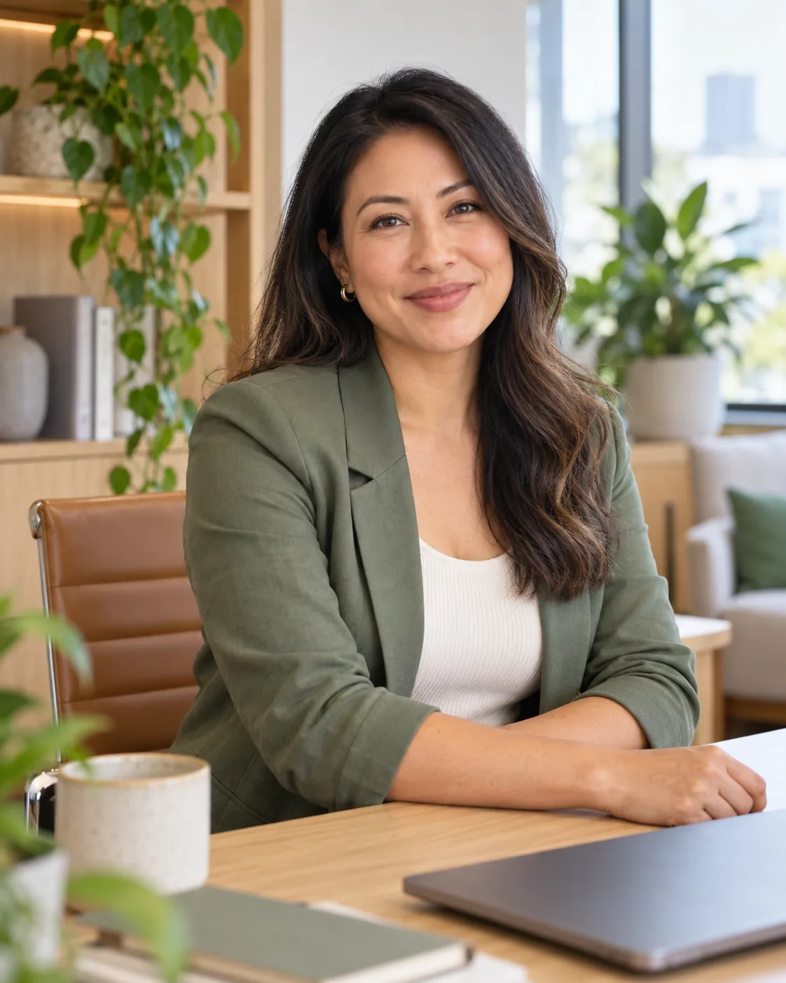 Migration adviser Mei Lin in a warm, bright office
