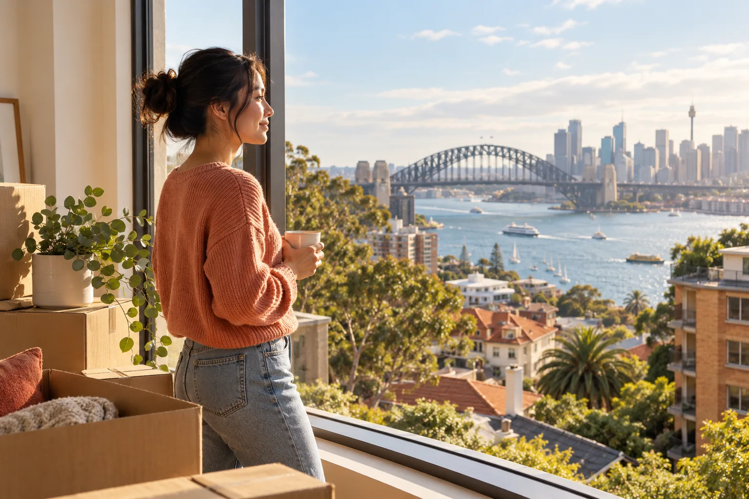 A new resident looking across Sydney from her apartment