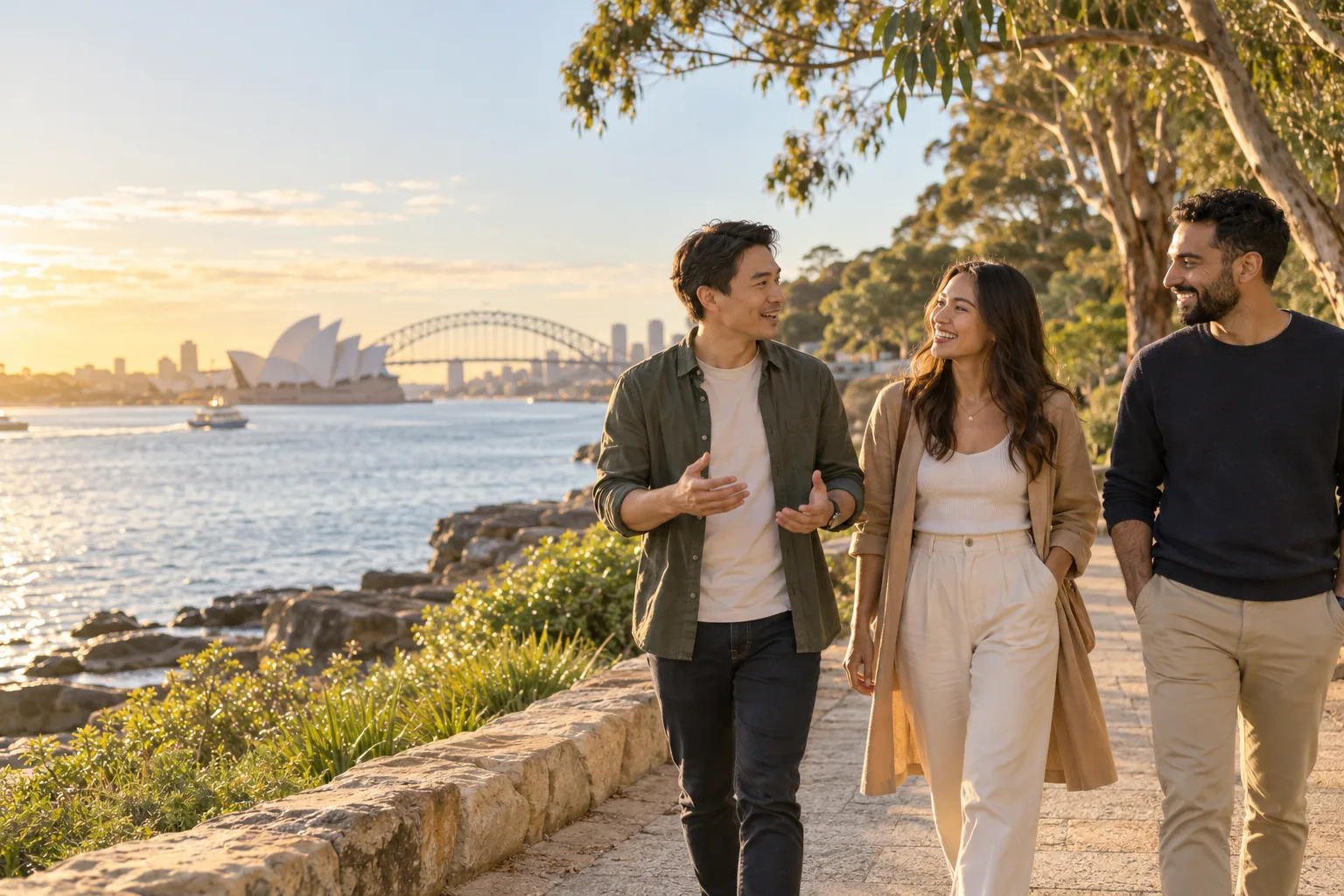 Friends walking beside Sydney Harbour in the afternoon